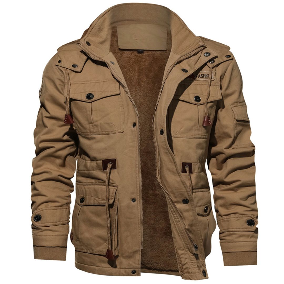 Men s Winter Cotton Fleece Lined Coats Warm Cargo Jackets with Hooded Khaki M