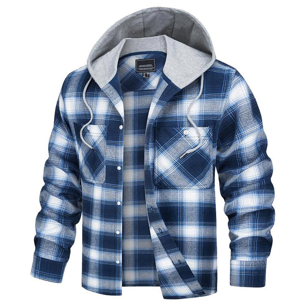 Men's Hooded Shirts Long Sleeve Casual Buffalo Plaid Button