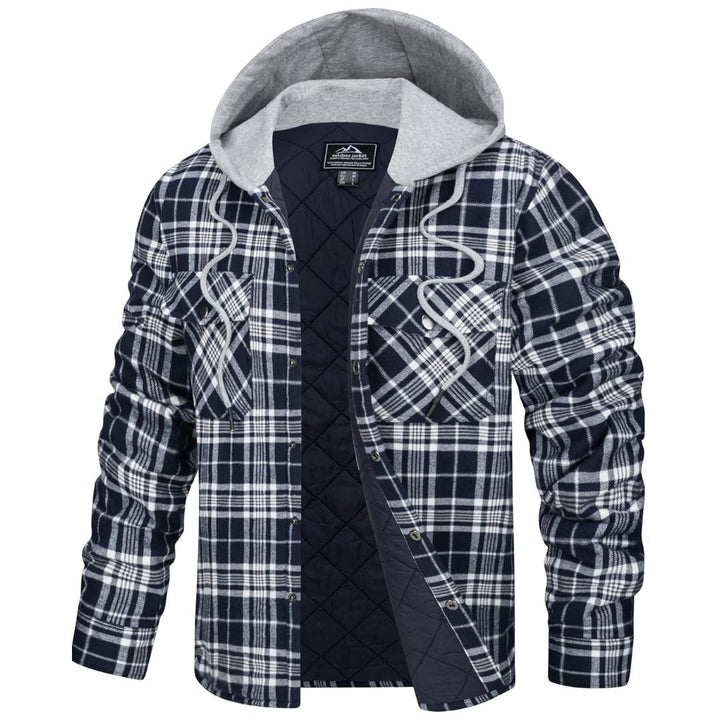 Men's Hooded Thick Plaid Flannel Long Sleeve Winter Cotton Coat with Pockets - Fall Winter 2022