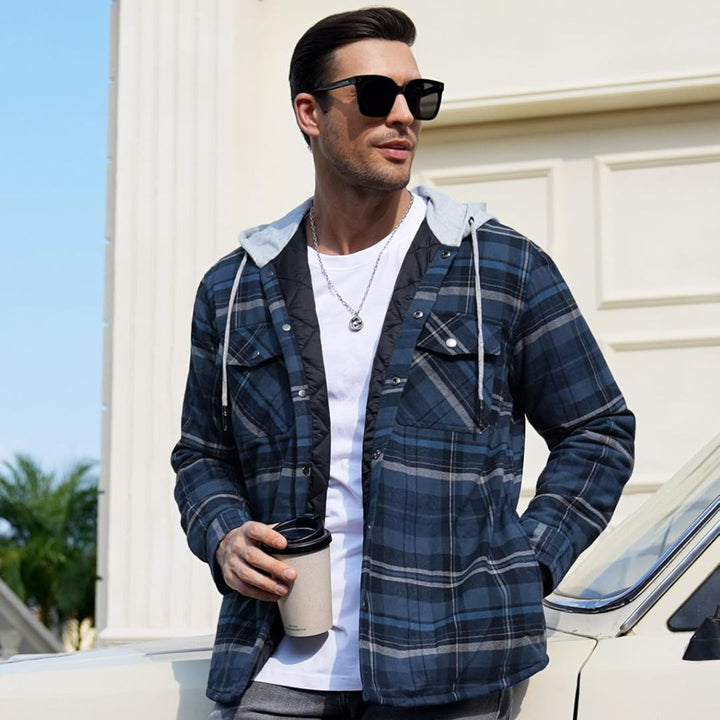 Men's Hooded Thick Plaid Flannel Long Sleeve Winter Cotton Coat with Pockets - Fall Winter 2022