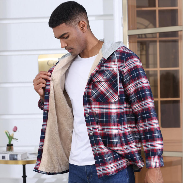 Men's Multiple Pockets Flannel Plaid Shirts Fleece Lining Jacket with Hood - Men's Jackets