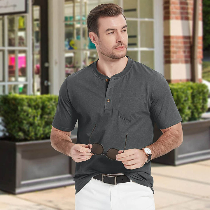 Men's Cotton Casual Henley T-Shirt with Pocket - Men's T-shirts