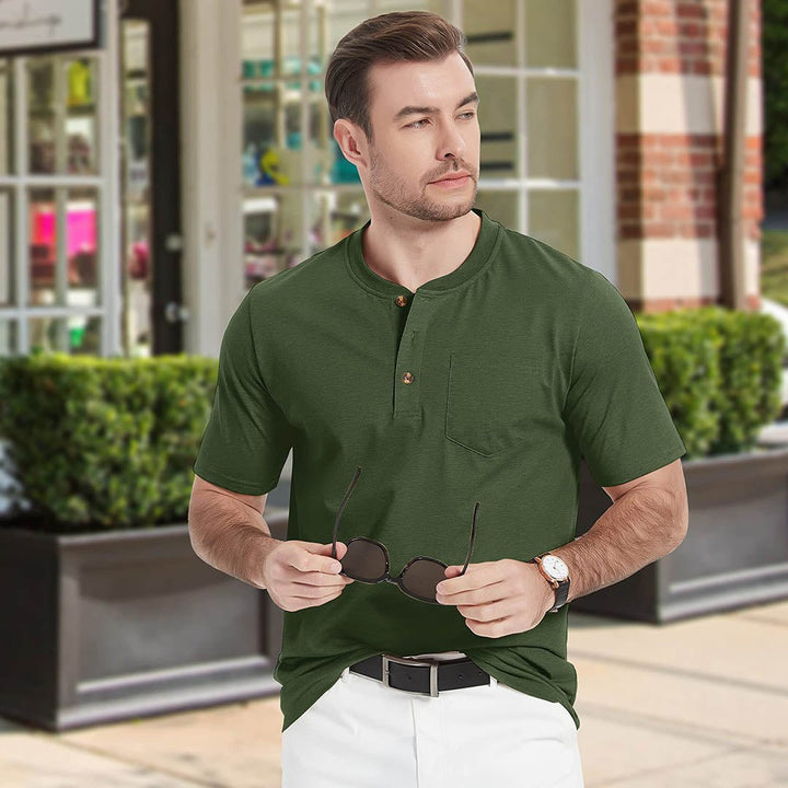 Men's Cotton Casual Henley T-Shirt with Pocket - Men's T-shirts