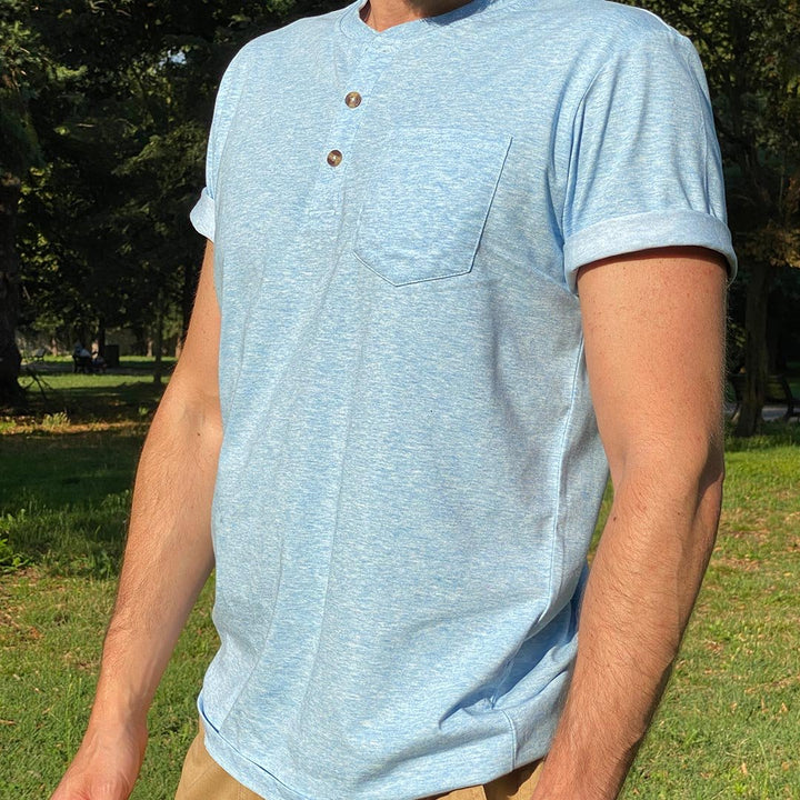 Men's Cotton Casual Henley T-Shirt with Pocket - Men's T-shirts