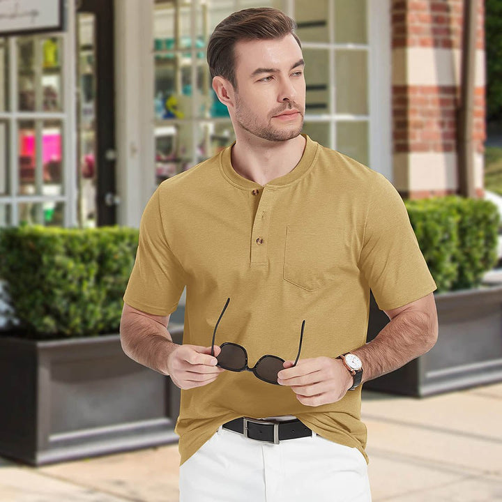 Men's Cotton Casual Henley T-Shirt with Pocket - Men's T-shirts