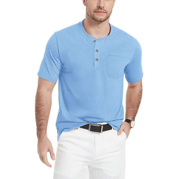 Men's Cotton Casual Henley T-Shirt with Pocket - Men's T-shirts