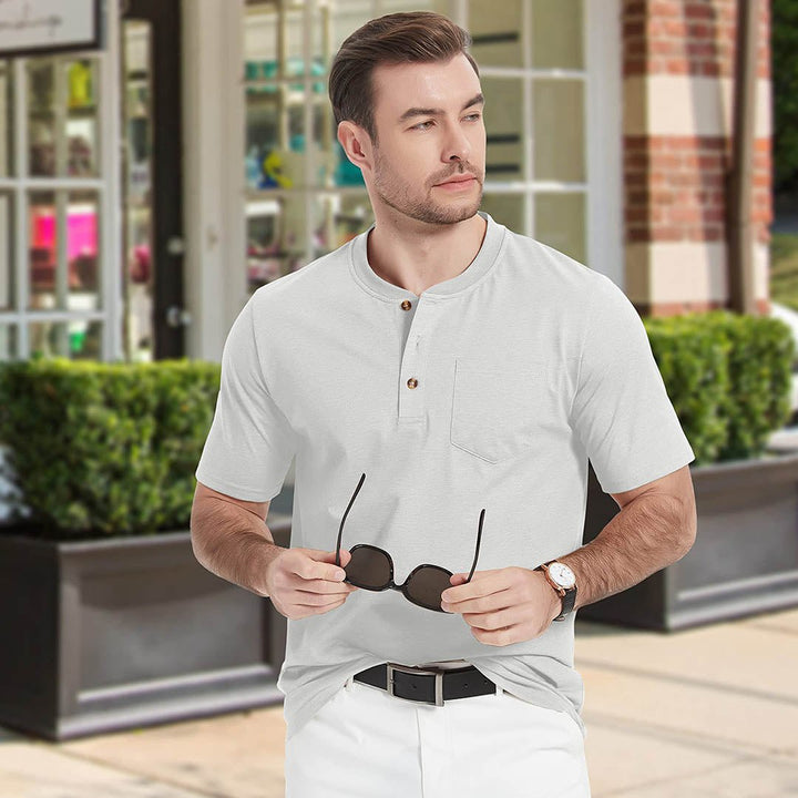 Men's Cotton Casual Henley T-Shirt with Pocket - Men's T-shirts