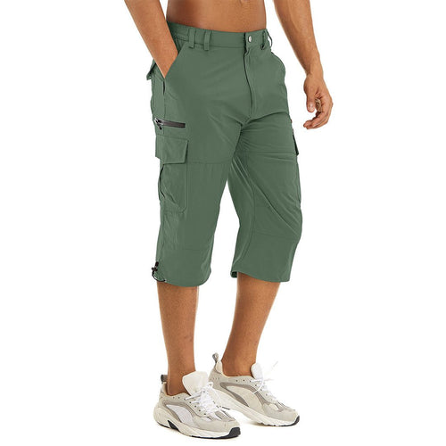 Men's Cotton Cargo Capri Pants - Summer Elastic Waist Below Knee