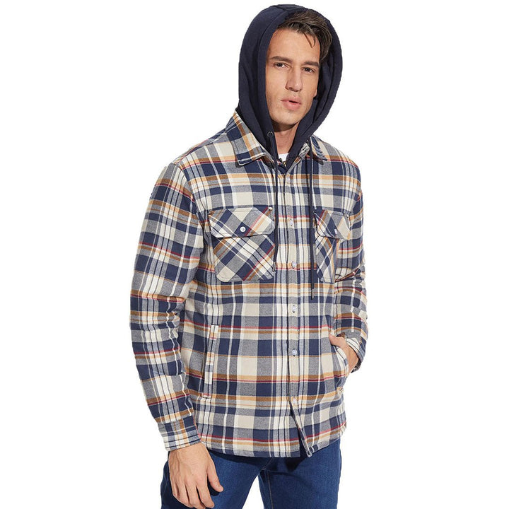 Men's Winter Thick Zip Plaid Flannel Shirts Detachable Hood Quilted - Fall Winter 2022