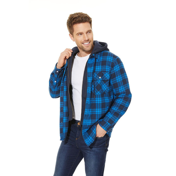 Men's Winter Thick Zip Plaid Flannel Shirts Detachable Hood Quilted - Men's T-shirts