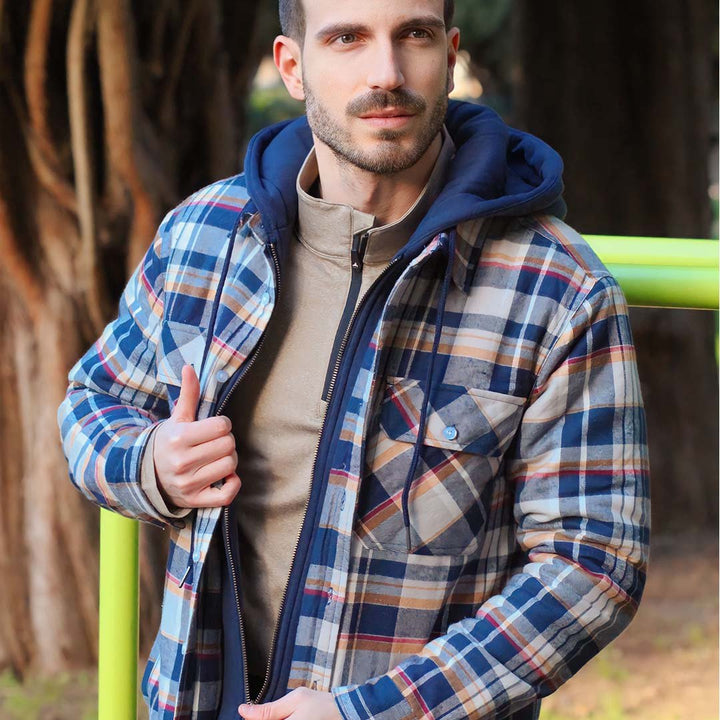 Men's Winter Thick Zip Plaid Flannel Shirts Detachable Hood Quilted - Fall Winter 2022