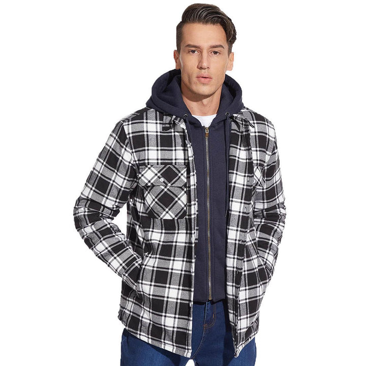 Men's Winter Thick Zip Plaid Flannel Shirts Detachable Hood Quilted - Fall Winter 2022