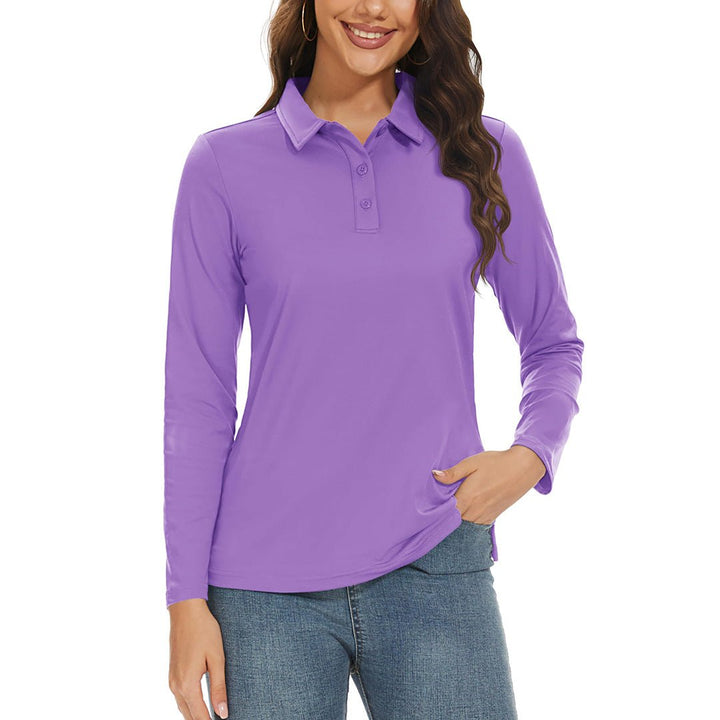 Women's Golf UPF 50+ Sun Protection 3-Button Quick Dry Long Sleeve Polo Shirts, Light Purple / XL